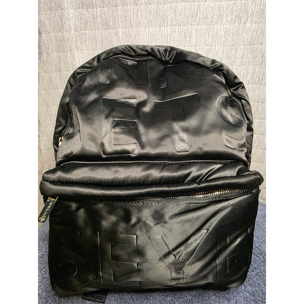 831 Betsey Johnson Blk Satin Embossed Logo Backpack Floral Lining Gold Hardware